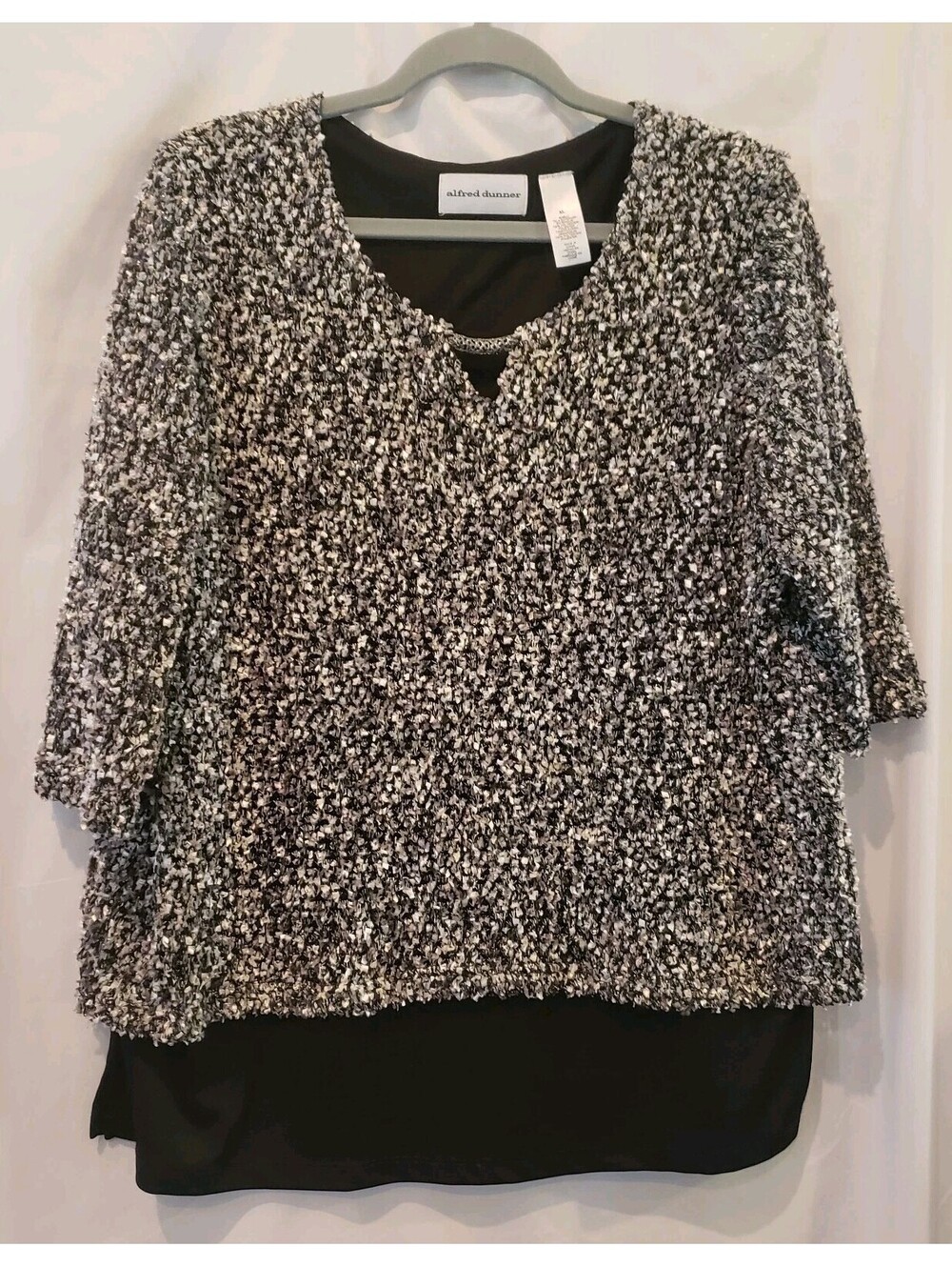 Alfred Dunner Womens XL Black Gray Textured Layered Top Metallic 3/4 Sleeve
